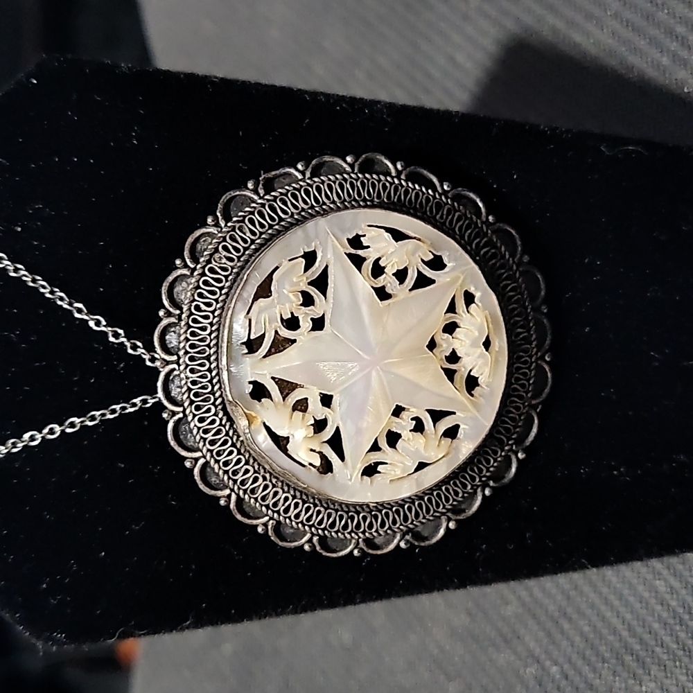 Israeli Carved Mother of pearl Sterling Silver Necklace Pin